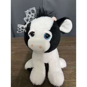 The Petting Zoo Cow Plush Black White Spotted Blue Glitter Eyes Polka Dot Bow 8"